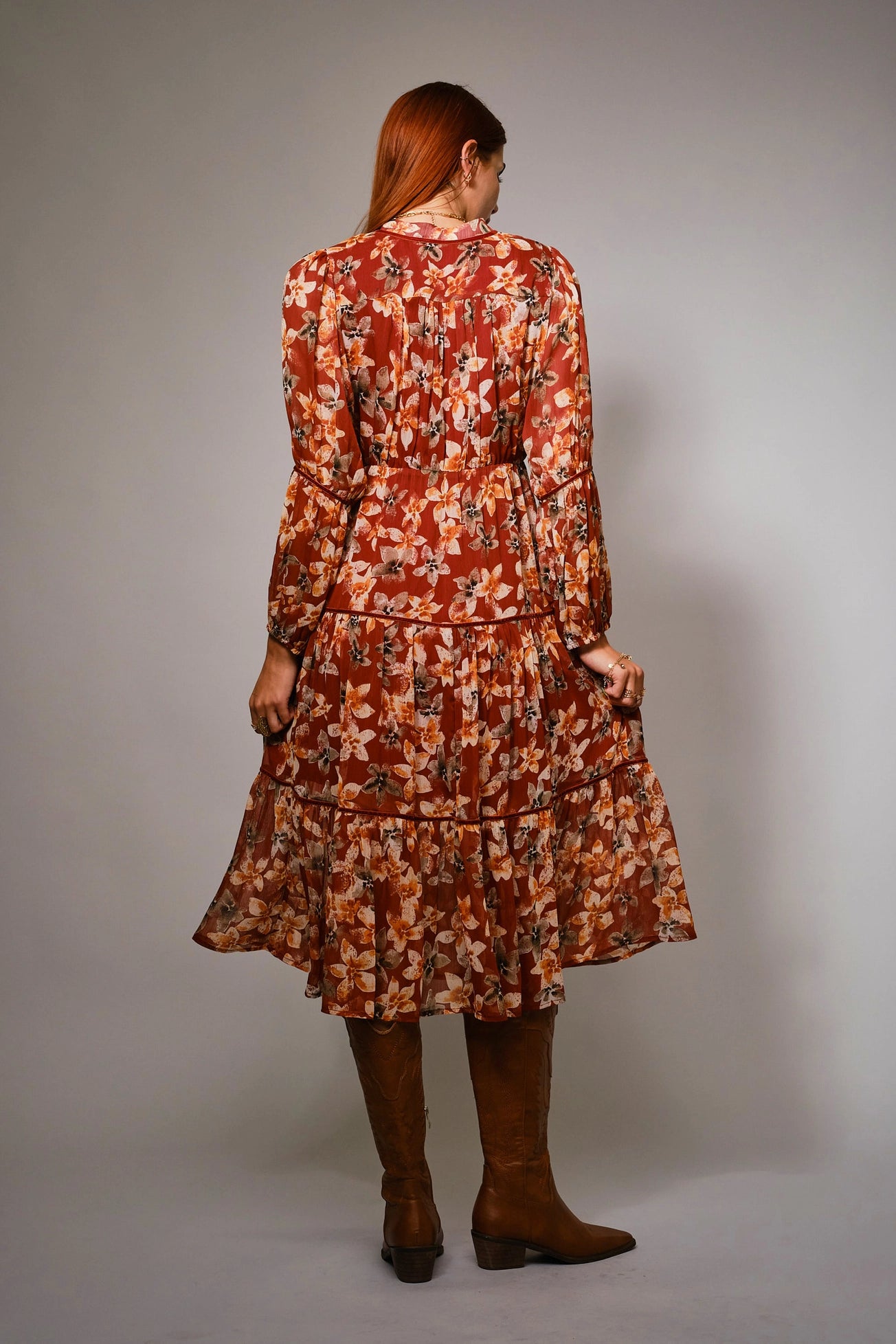 Yoryu Crinkle Autumn Print Chiffon Tassel Tie Dress