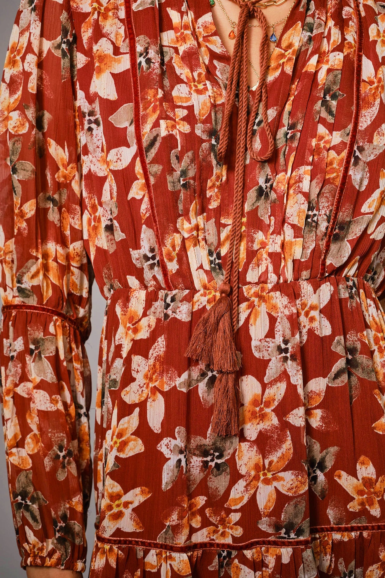 Yoryu Crinkle Autumn Print Chiffon Tassel Tie Dress