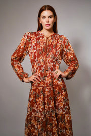 Yoryu Crinkle Autumn Print Chiffon Tassel Tie Dress