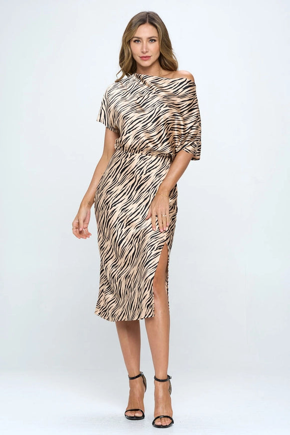 Zebra Print Dress With Slit-Dress-Renee C.-S-TAUPE BLACK-Urbanheer
