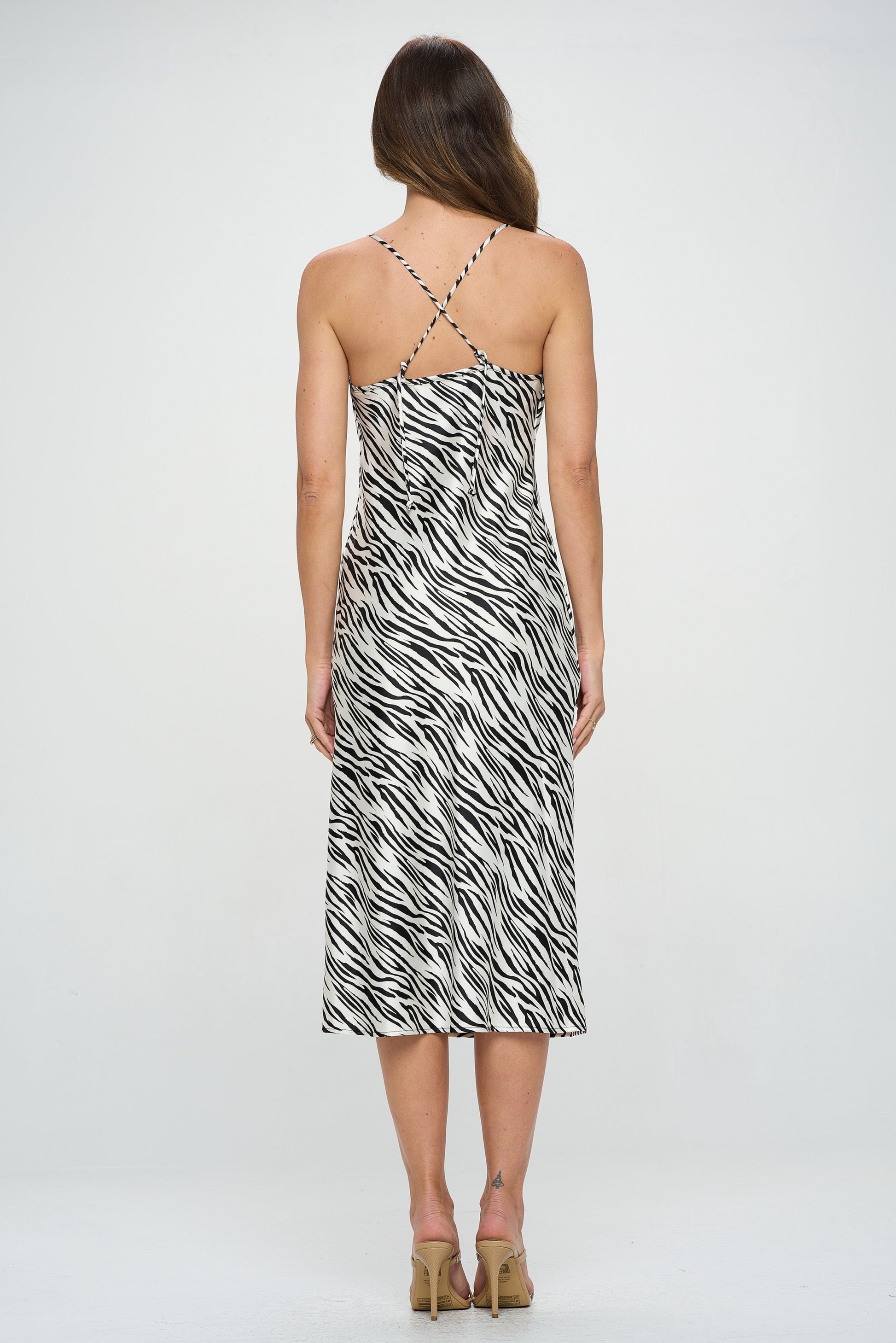 Zebra Print Satin Bias Slip Dress with Slit-Dresses-Reneecollection-Small-WHITE/BLACK-Urbanheer
