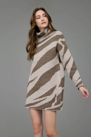Zebra Print Turtleneck Long Sleeve Sweater Dress BROWN-Dress-Blu Pepper-S-BROWN-Urbanheer