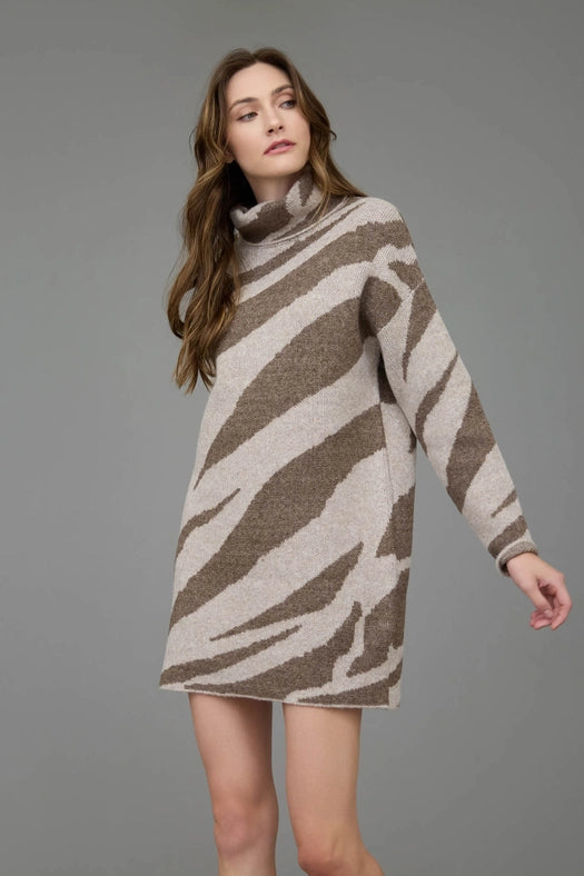 Zebra Print Turtleneck Long Sleeve Sweater Dress BROWN-Dress-Blu Pepper-S-BROWN-Urbanheer