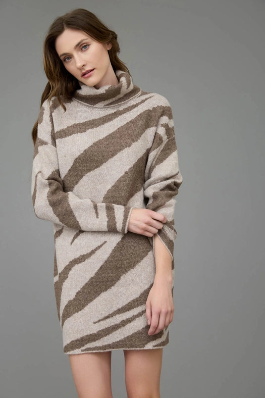 Zebra Print Turtleneck Long Sleeve Sweater Dress BROWN-Dress-Blu Pepper-S-BROWN-Urbanheer