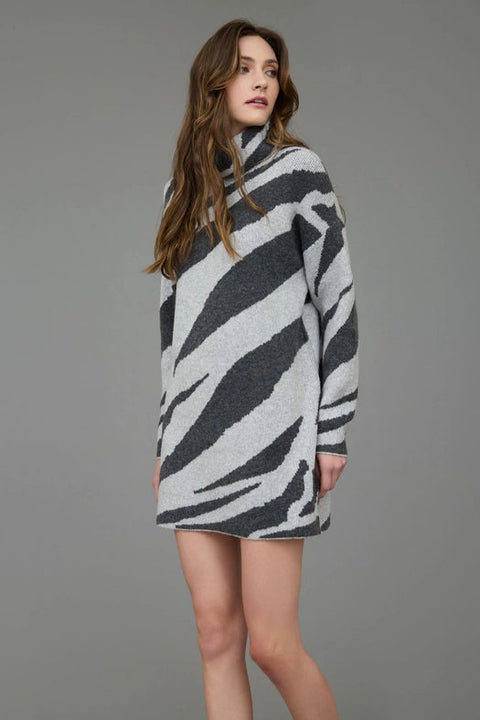 Zebra Print Turtleneck Long Sleeve Sweater Dress GREY from Blu Pepper