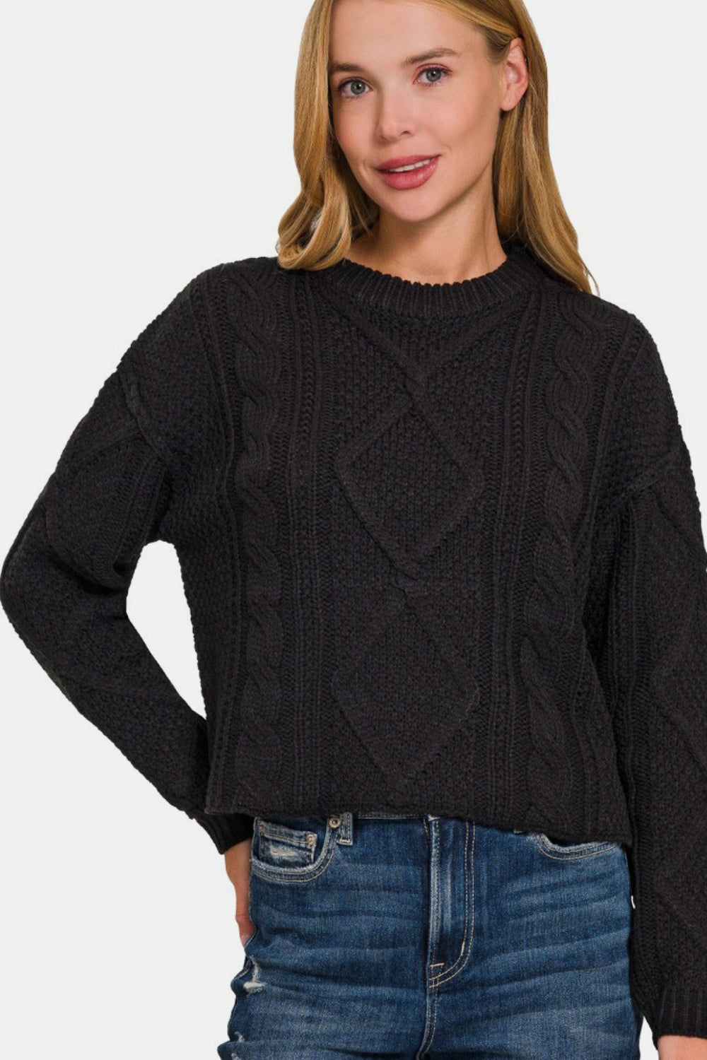 Zenana Cropped High Low Cable Sweater with Side Slits-Street 360-Black-S-Urbanheer