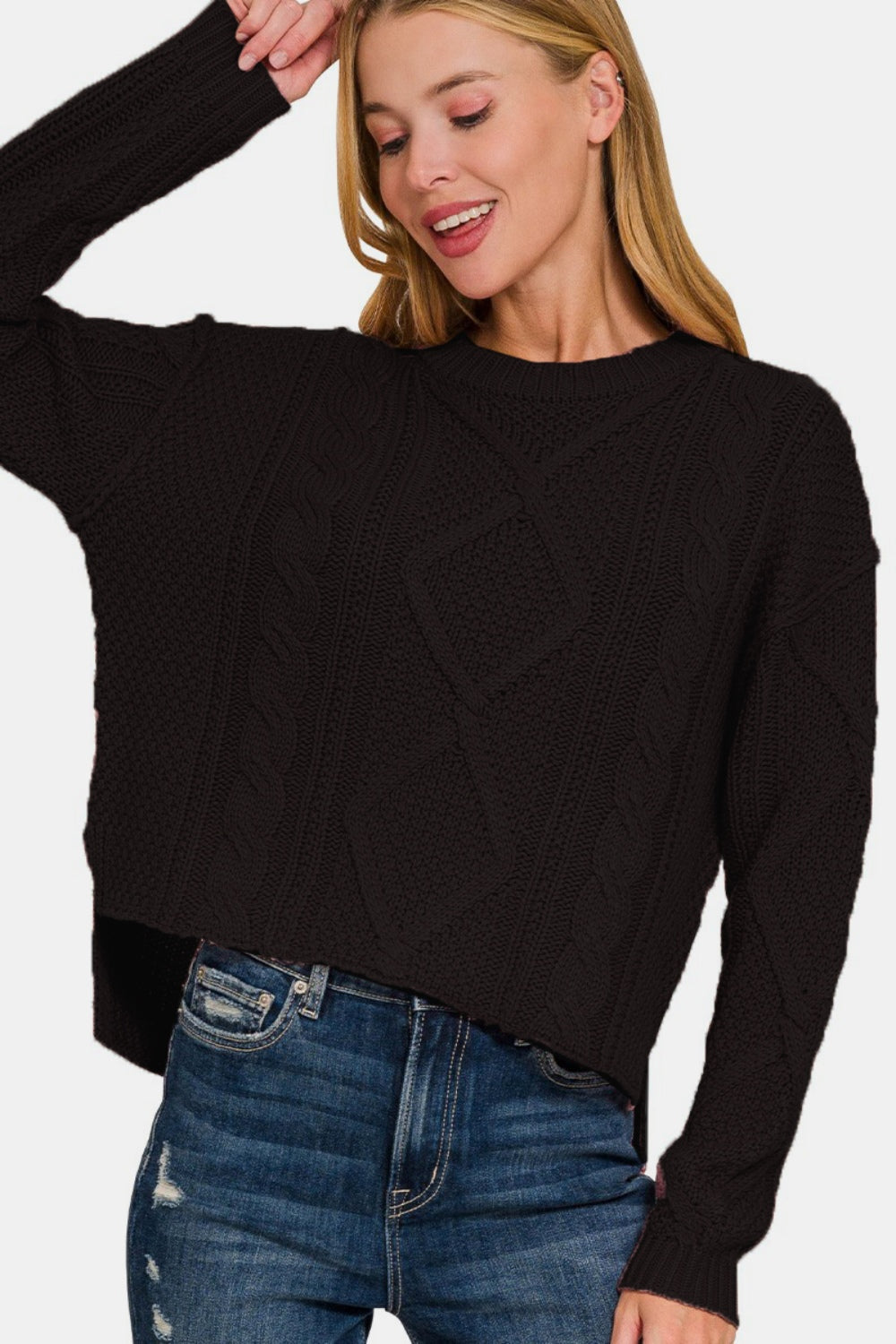 Zenana Cropped High Low Cable Sweater with Side Slits-Street 360-Black-S-Urbanheer