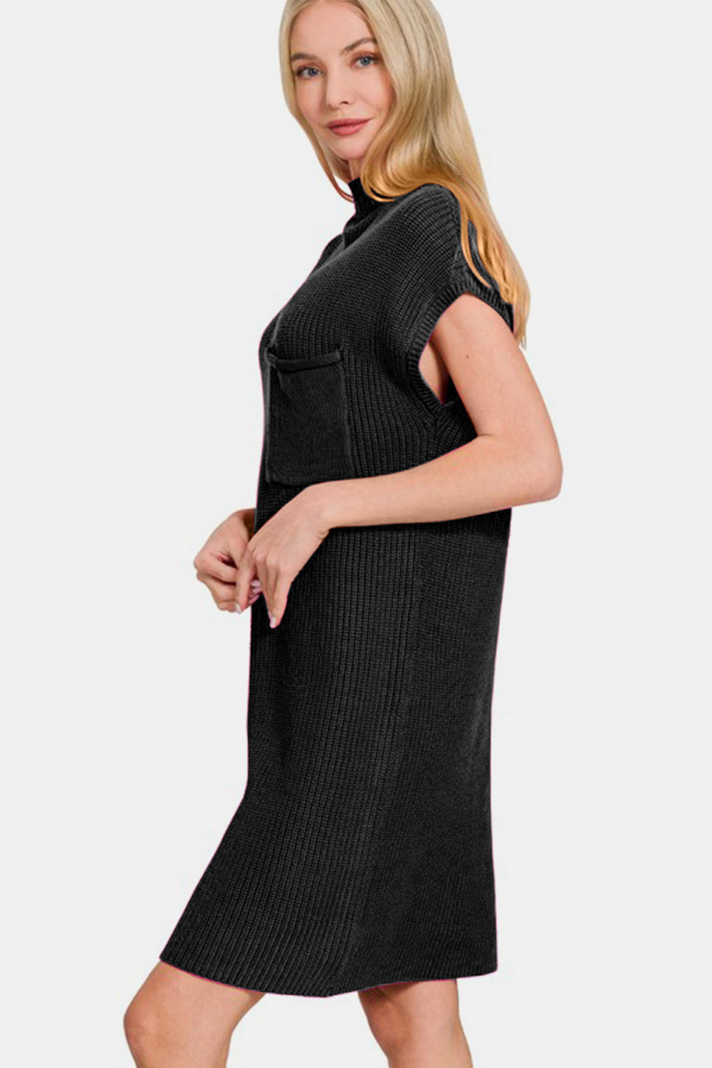 Zenana Mock Neck Short Sleeve Sweater Dress-Street 360-Black-S-Urbanheer