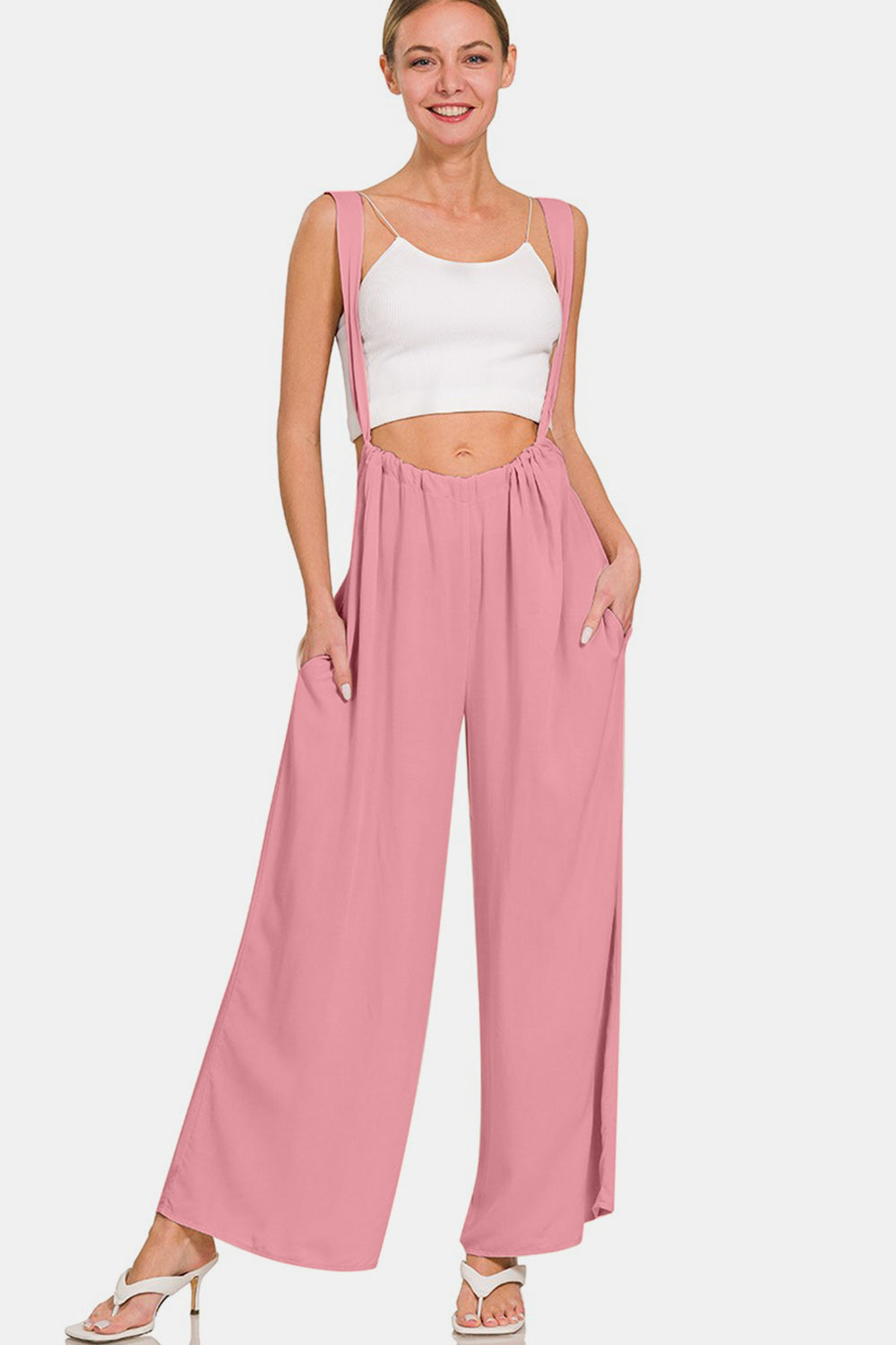 Zenana Pocketed Wide Strap Wide Leg Overalls-Street 360-Lt Rose-S-Urbanheer