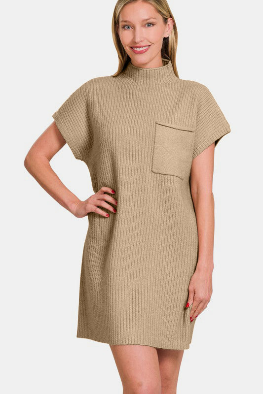 Zenana Short Sleeve Sweater Mini Dress-Street 360-Camel-S-Urbanheer