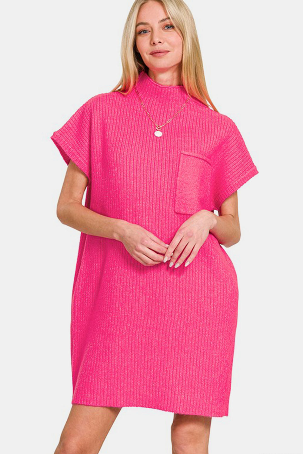 Zenana Short Sleeve Sweater Mini Dress-Street 360-Hot Pink-S-Urbanheer