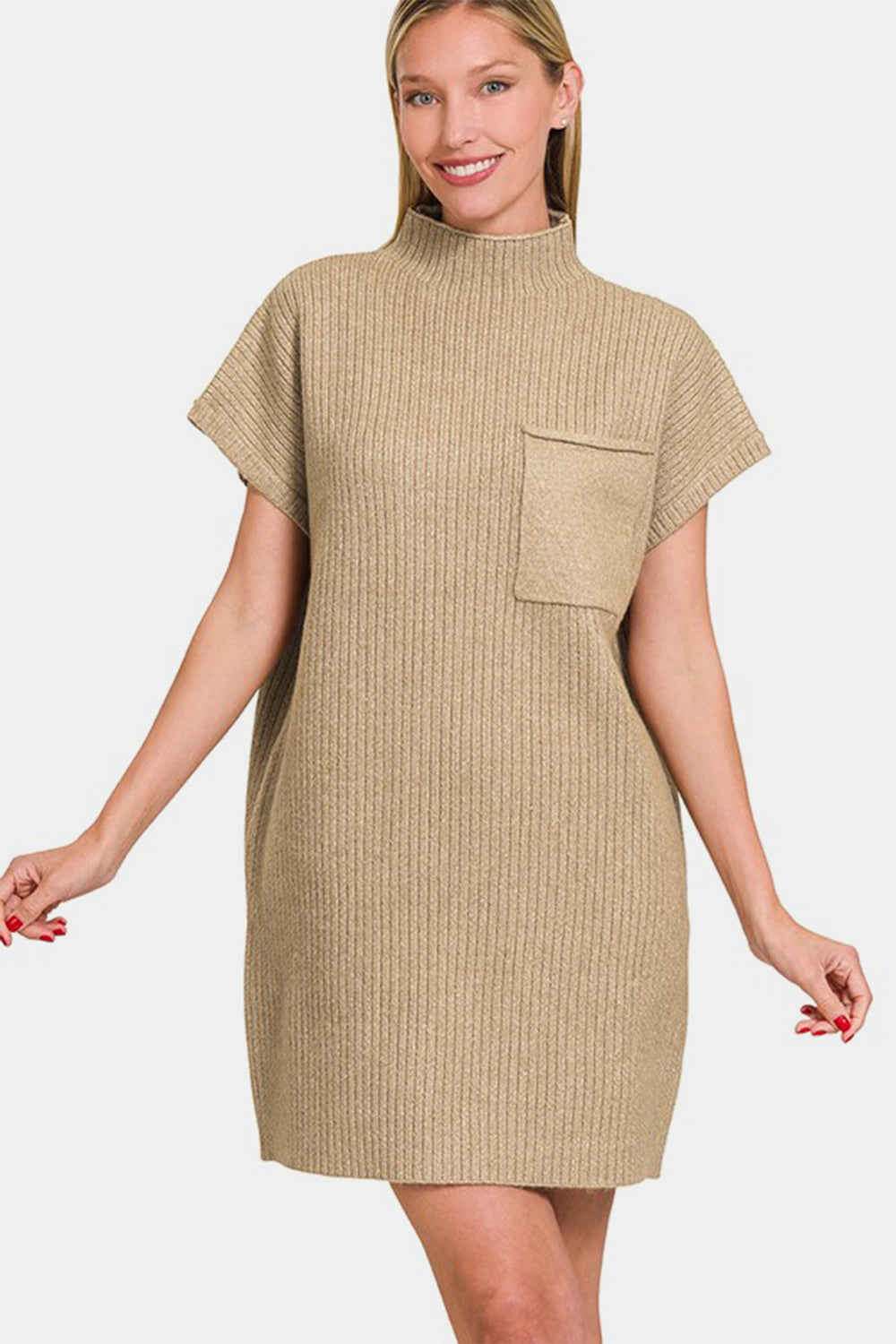 Zenana Short Sleeve Sweater Mini Dress-Street 360-Camel-S-Urbanheer