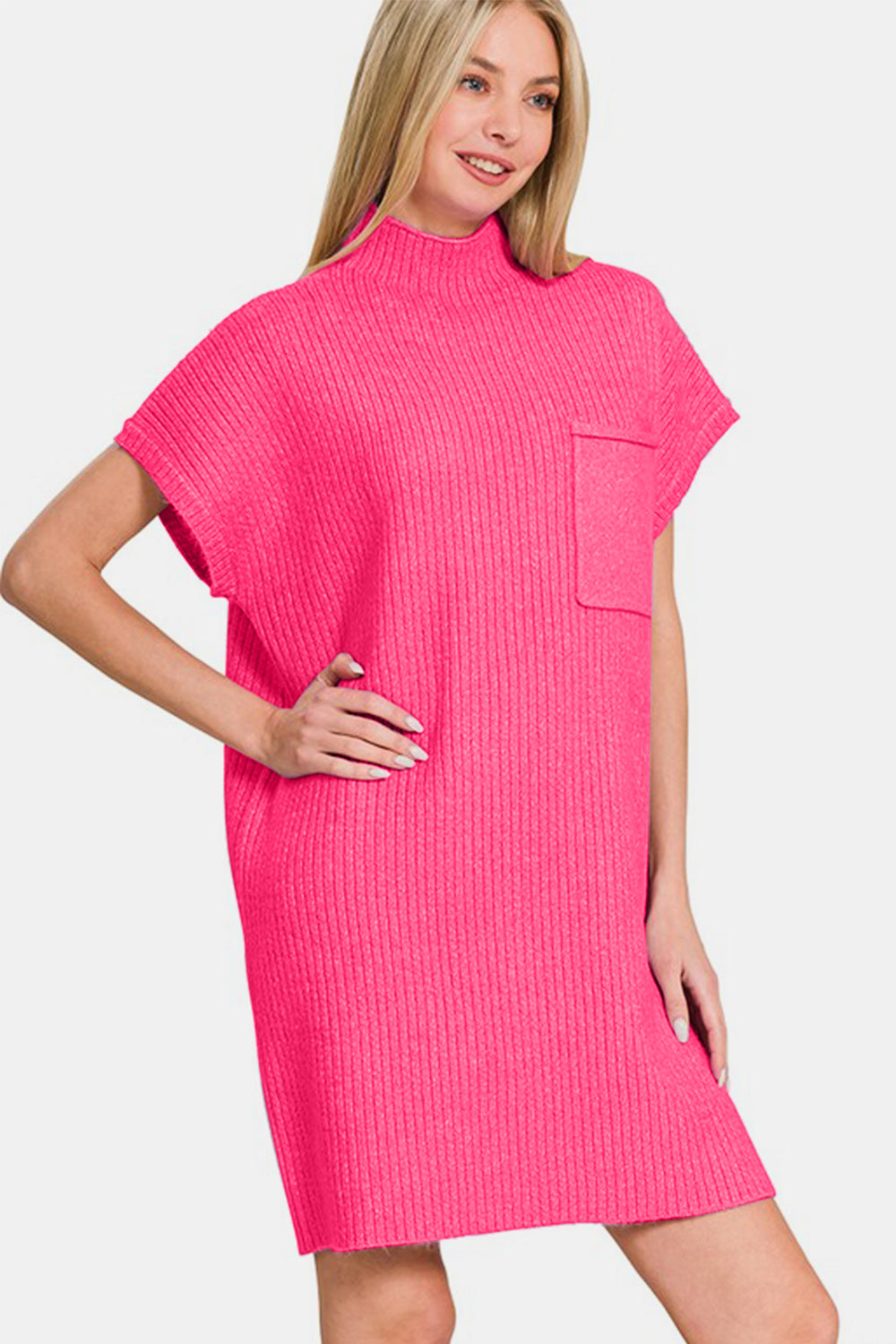 Zenana Short Sleeve Sweater Mini Dress-Street 360-Hot Pink-S-Urbanheer