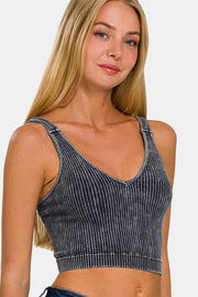 Zenana Washed Ribbed Cropped V-Neck Tank-Street 360-Ash Black-S/M-Urbanheer