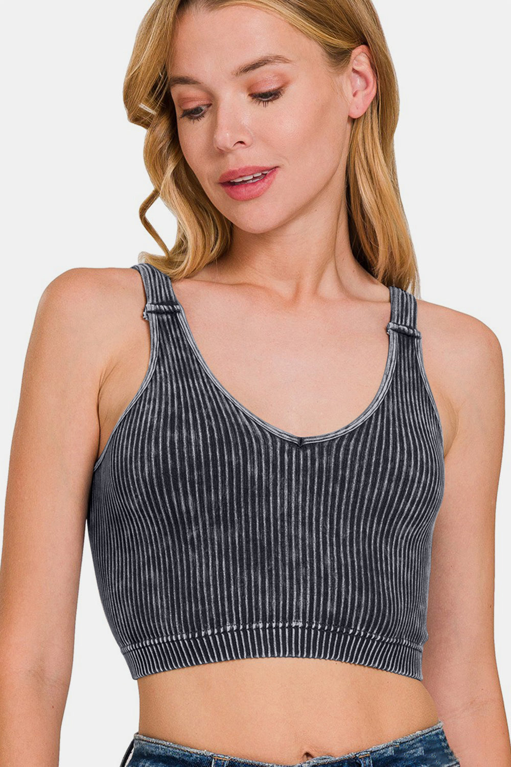Zenana Washed Ribbed Cropped V-Neck Tank-Street 360-Ash Black-S/M-Urbanheer