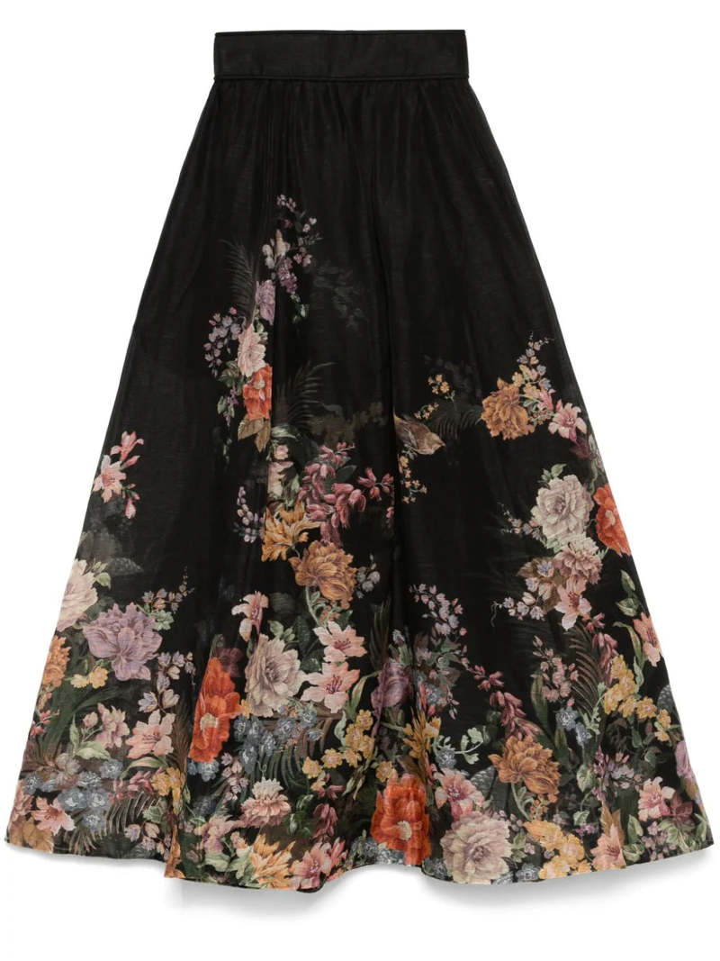 Zimmermann Pavilion floral linen and silk midi skirt