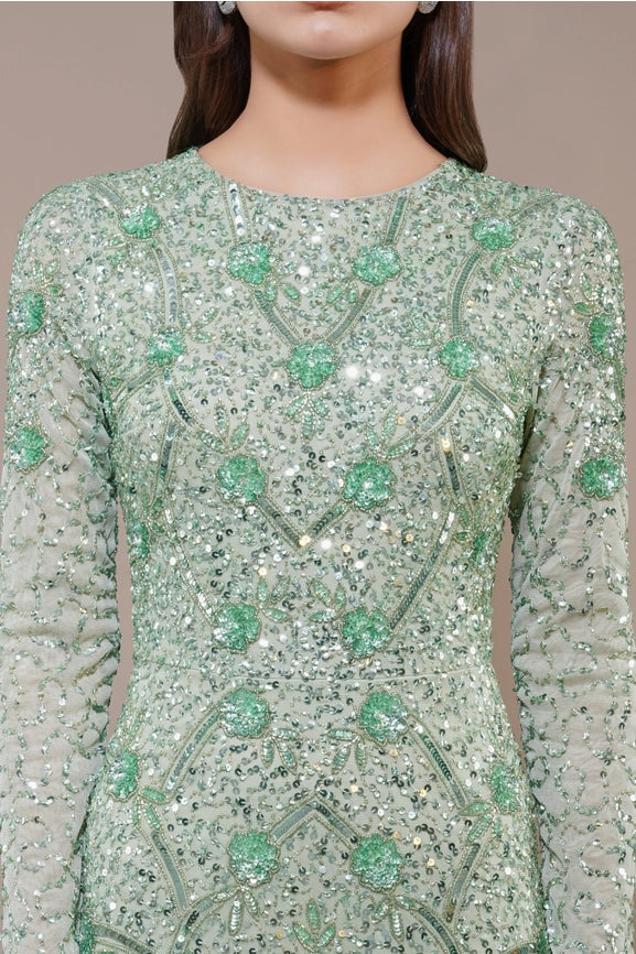 Zinnia Embellished Maxi Dress in Sage Green-Dress-Lace & Beads-UK6-Sage Green-Urbanheer