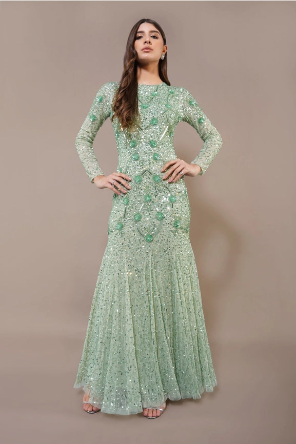 Zinnia Embellished Maxi Dress in Sage Green-Dress-Lace & Beads-UK6-Sage Green-Urbanheer