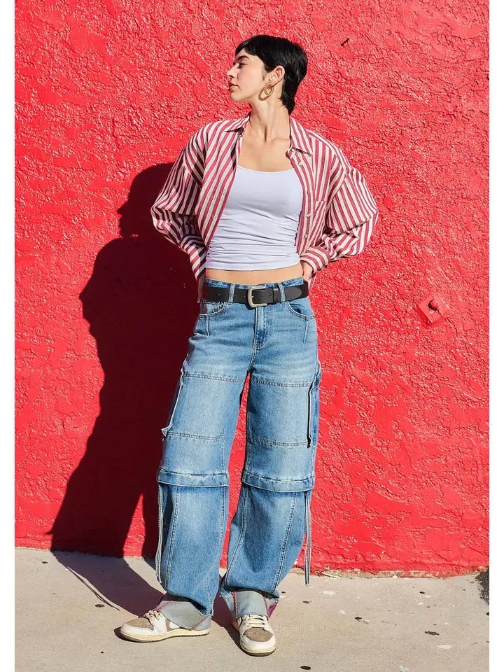 Zip Off Balloon Fit Utility Pants-Jeans-Vibrant M.i.U-XS-Medium Stone-Urbanheer