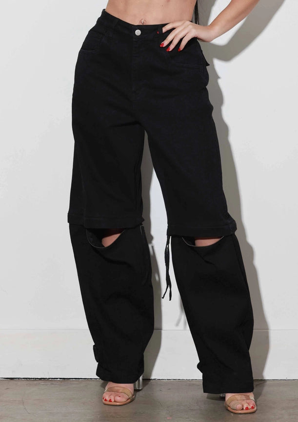 Zip Off Barrel Baggy Jeans-Jeans-Vibrant M.i.U-1-Black-Urbanheer
