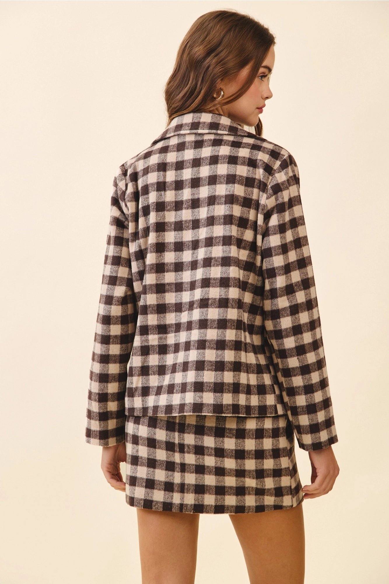 Zip Up Pointed Collar Plaid Long Sleeve Jacket