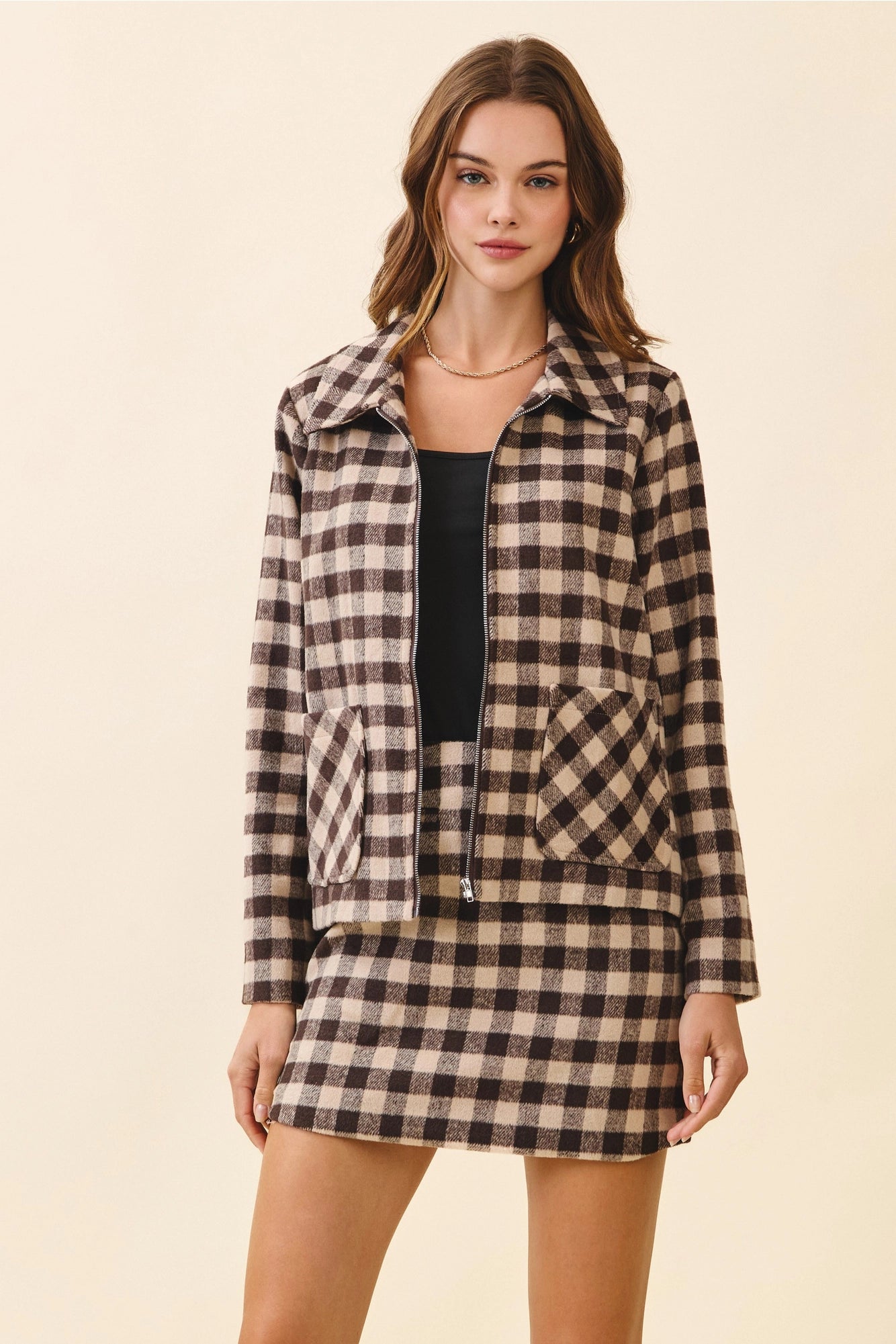 Zip Up Pointed Collar Plaid Long Sleeve Jacket