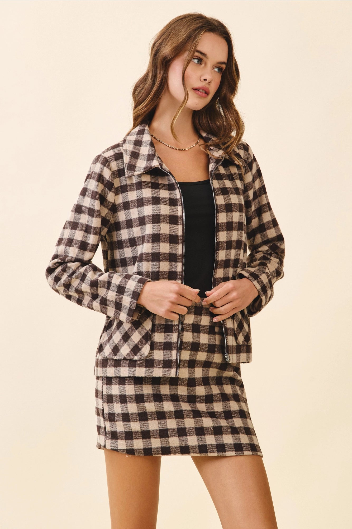Zip Up Pointed Collar Plaid Long Sleeve Jacket