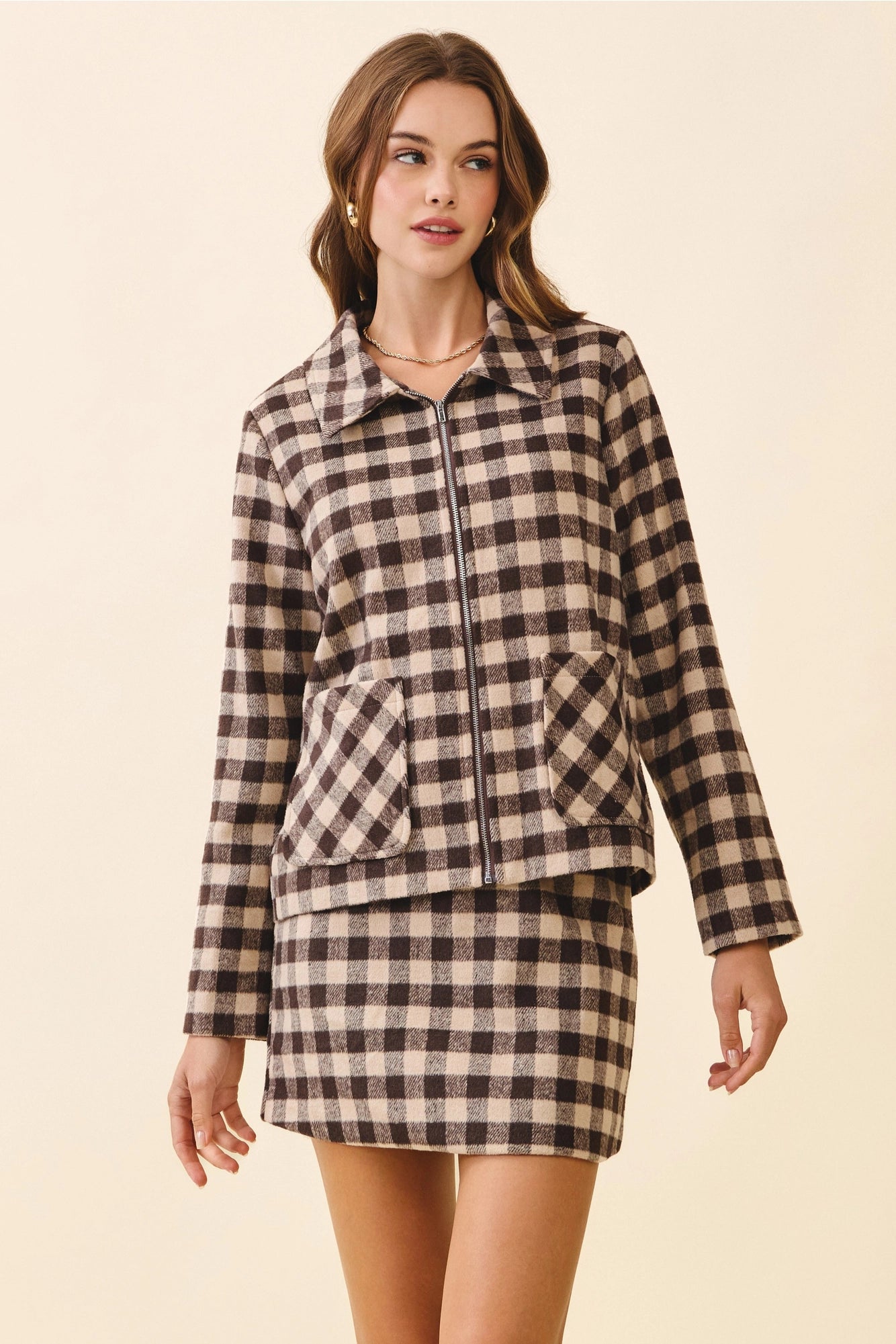 Zip Up Pointed Collar Plaid Long Sleeve Jacket