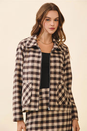 Zip Up Pointed Collar Plaid Long Sleeve Jacket