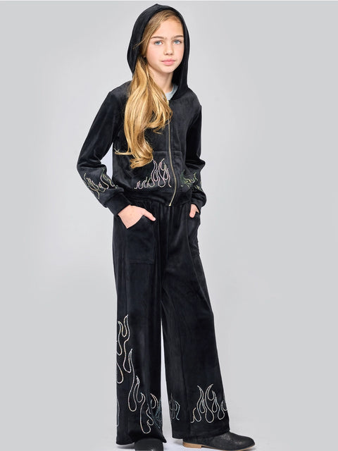 Zip Velour Hoodie with Rhinestone Flames