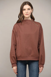Zipper Trimmed Round Neck Sweatshirt CHOCO BROWN-Sweatshirt-FATE-S-CHOCO BROWN-Urbanheer