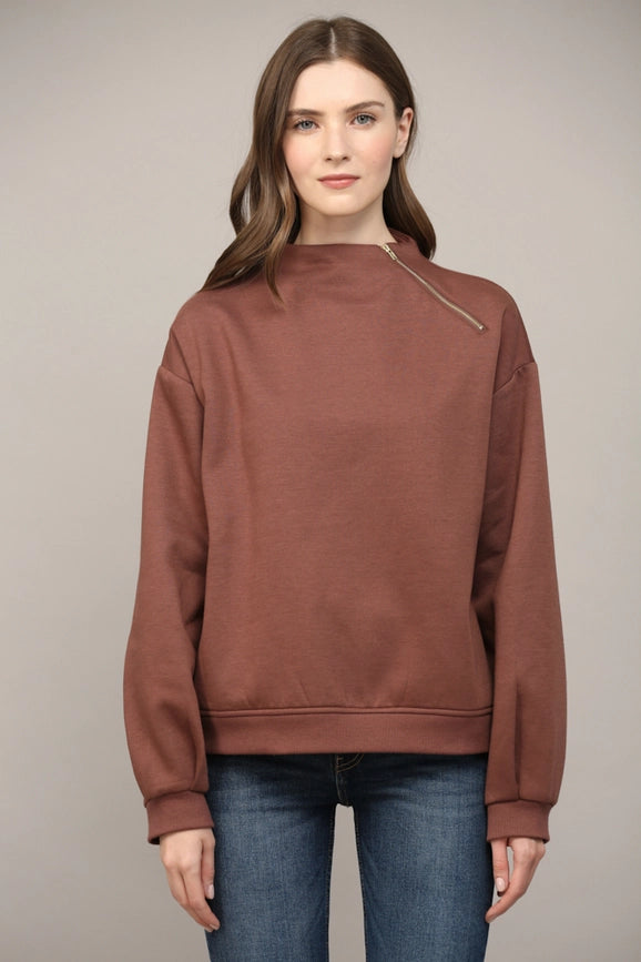 Zipper Trimmed Round Neck Sweatshirt CHOCO BROWN-Sweatshirt-FATE-S-CHOCO BROWN-Urbanheer