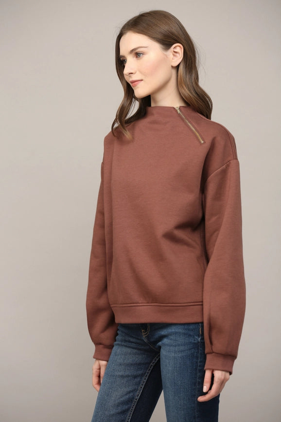 Zipper Trimmed Round Neck Sweatshirt CHOCO BROWN-Sweatshirt-FATE-S-CHOCO BROWN-Urbanheer