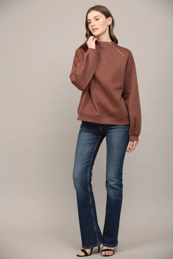 Zipper Trimmed Round Neck Sweatshirt CHOCO BROWN-Sweatshirt-FATE-S-CHOCO BROWN-Urbanheer