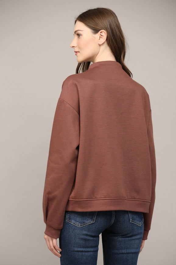 Zipper Trimmed Round Neck Sweatshirt CHOCO BROWN-Sweatshirt-FATE-S-CHOCO BROWN-Urbanheer