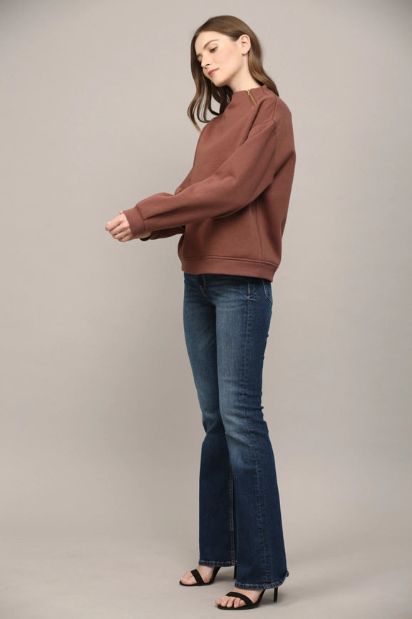 Zipper Trimmed Round Neck Sweatshirt CHOCO BROWN-Sweatshirt-FATE-S-CHOCO BROWN-Urbanheer