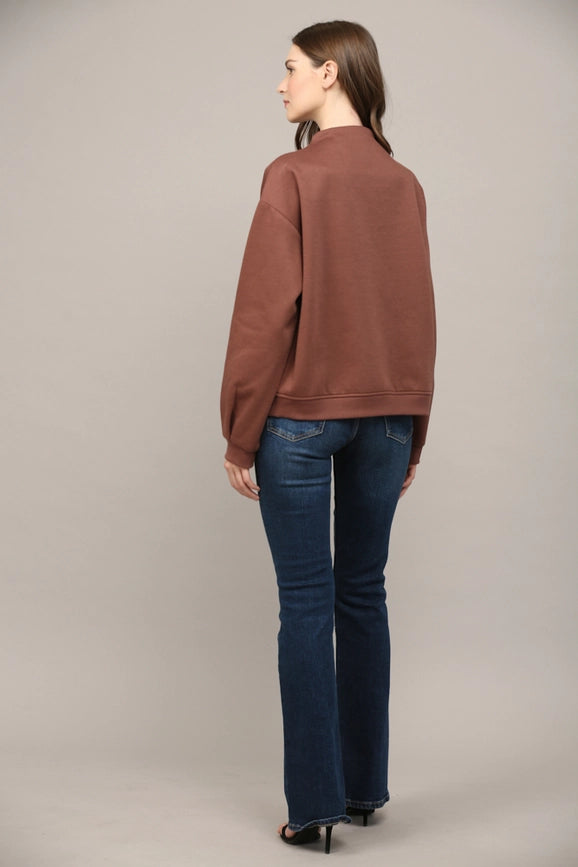 Zipper Trimmed Round Neck Sweatshirt CHOCO BROWN-Sweatshirt-FATE-S-CHOCO BROWN-Urbanheer
