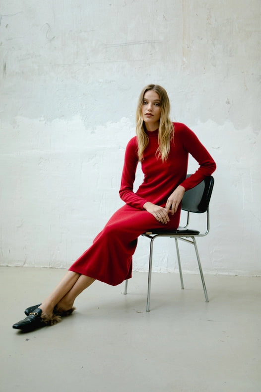 Zoe Cashmere Knitted Long Sleeve Dress Red-Dress-Leap Concept-S-Red-Urbanheer