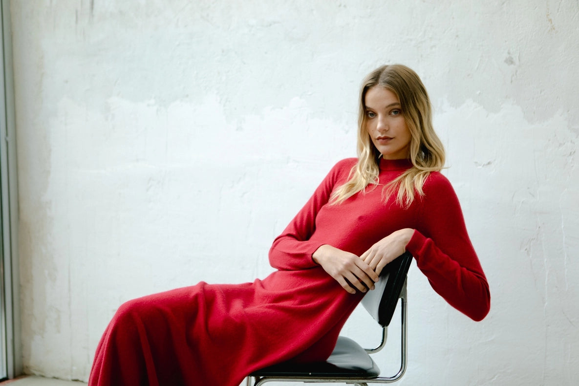 Zoe Cashmere Knitted Long Sleeve Dress Red-Dress-Leap Concept-S-Red-Urbanheer