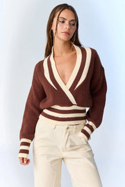 Zoe Surplice Neckline Striped Knit Pullover-Pullover-Papermoon-S-Choco-Urbanheer