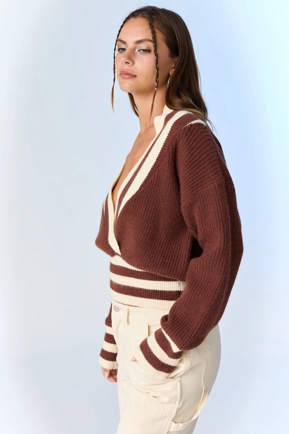 Zoe Surplice Neckline Striped Knit Pullover-Pullover-Papermoon-S-Choco-Urbanheer