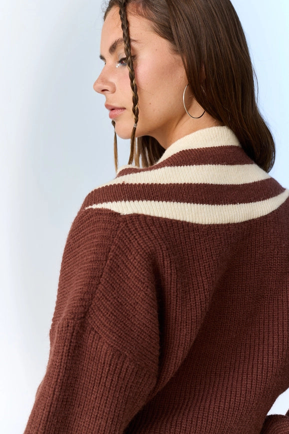 Zoe Surplice Neckline Striped Knit Pullover-Pullover-Papermoon-S-Choco-Urbanheer