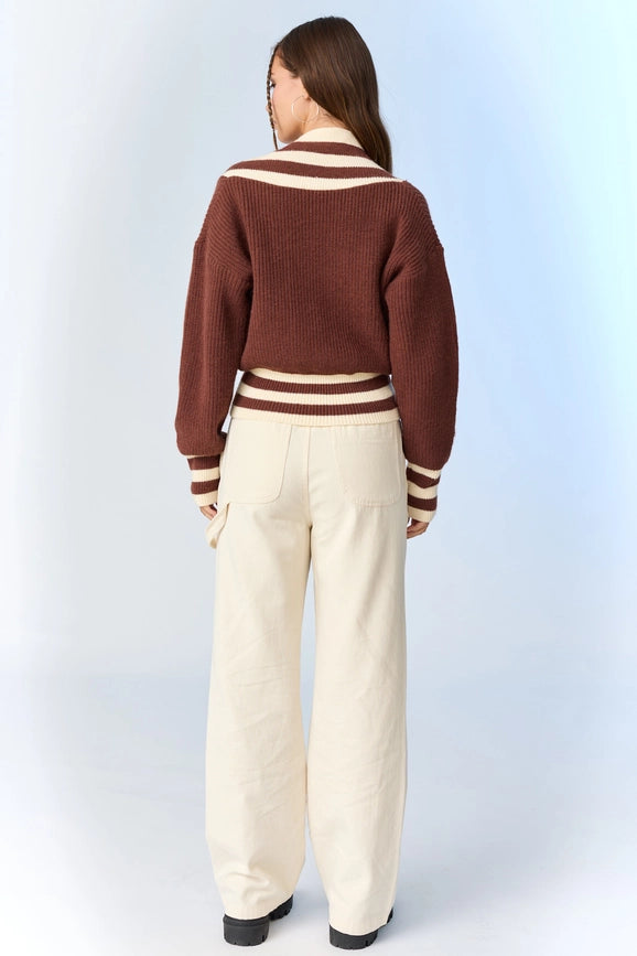 Zoe Surplice Neckline Striped Knit Pullover-Pullover-Papermoon-S-Choco-Urbanheer