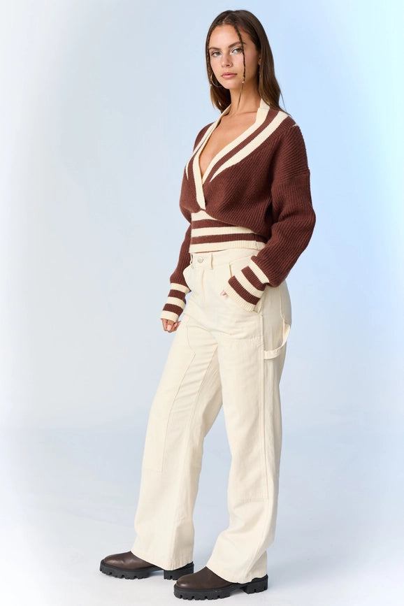 Zoe Surplice Neckline Striped Knit Pullover-Pullover-Papermoon-S-Choco-Urbanheer