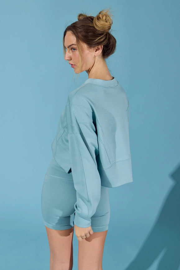 Zoey Loose Fit Seam Detailed Top And Bike Shorts Set Blue-Set-Papermoon-S-Urbanheer