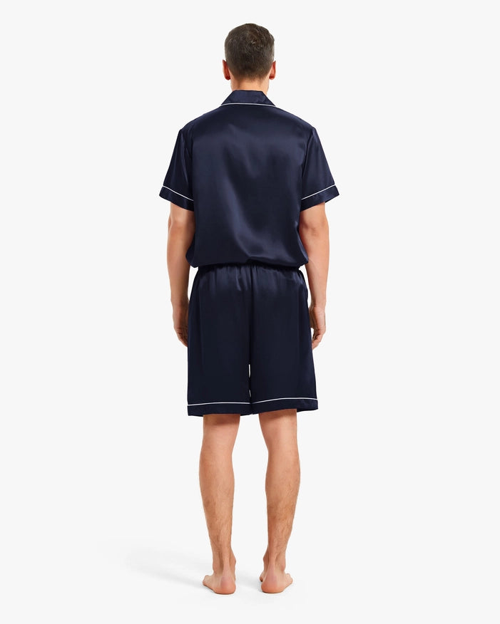 Piped Silk Short Pajamas Navy Blue-Sets-MommeSilk-XS-Urbanheer