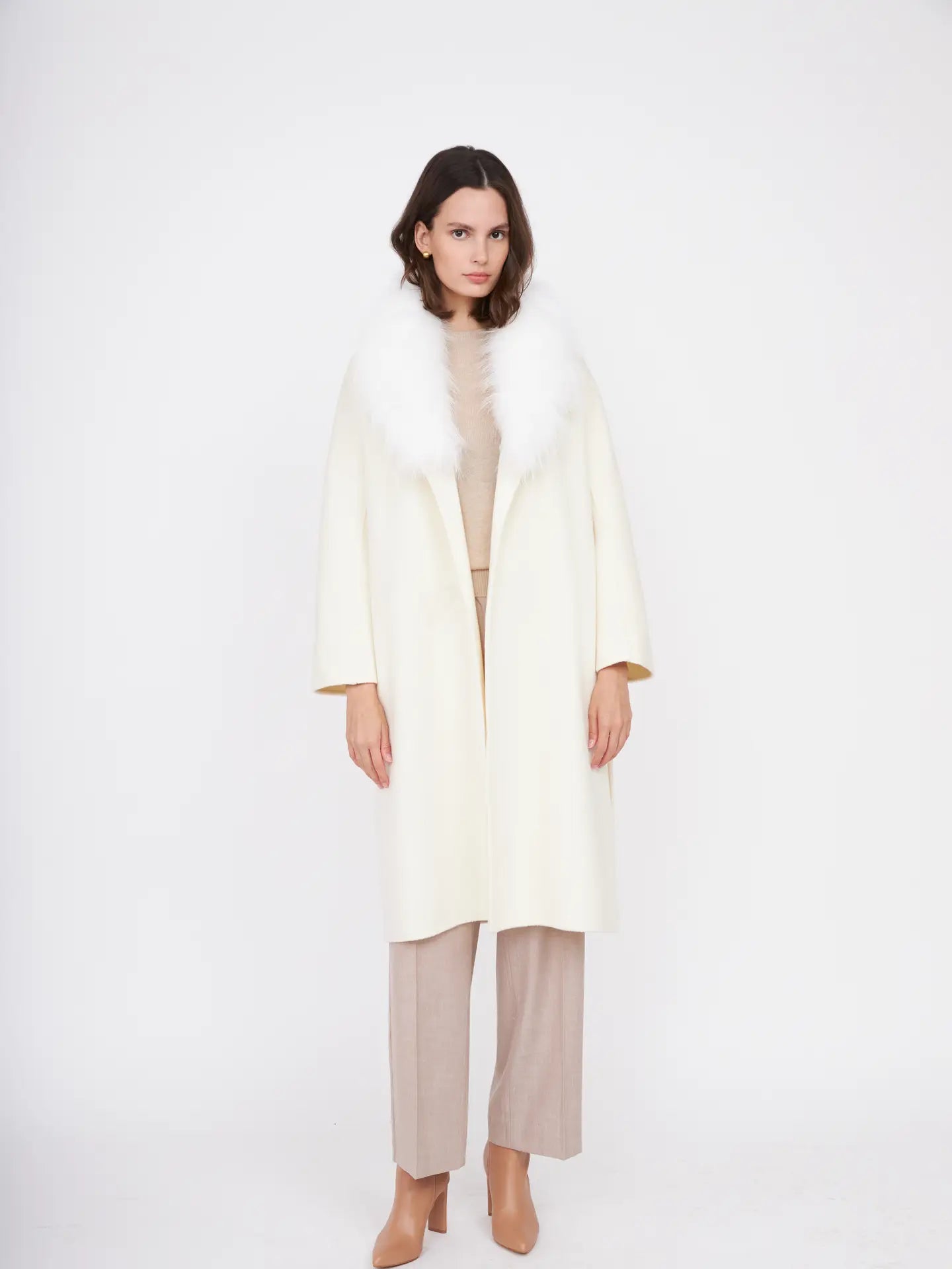 Fur Shawl Collar Cashmere Coat Ivory