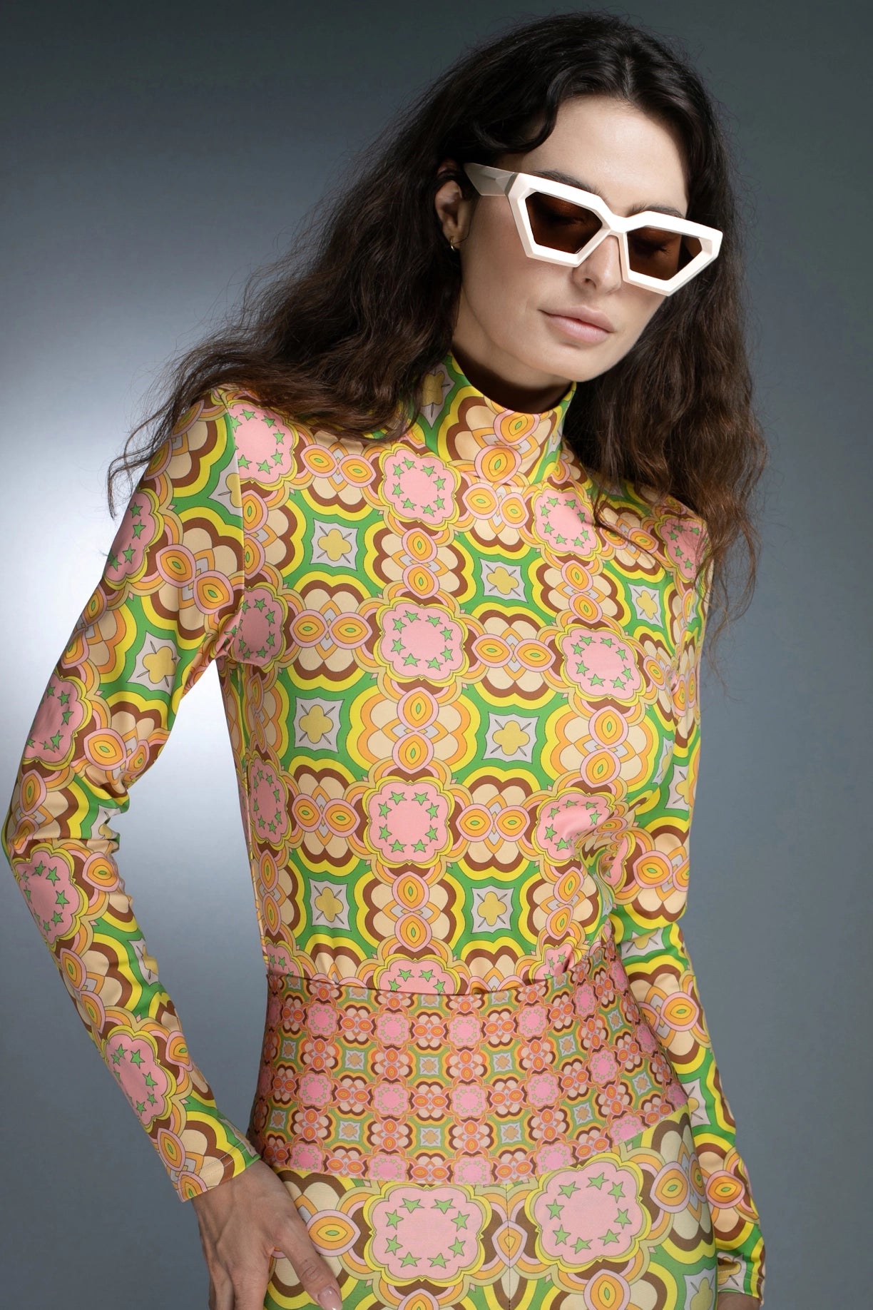 Turtleneck Long Sleeve 60'S Pastel Pink Retro Print Bodysuit-Nuvula-S-Urbanheer