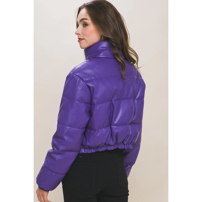 Faux Leather Puffer Jacket Purple
