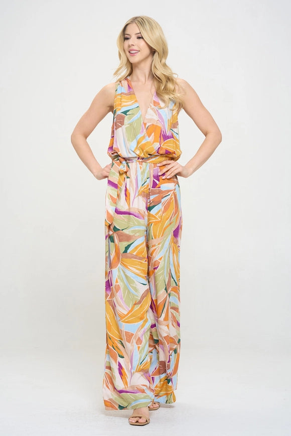 Made in USA Print V Neck Sleeveless Jumpsuit with Tie Coral-Jumpsuit-Renee C.-Urbanheer